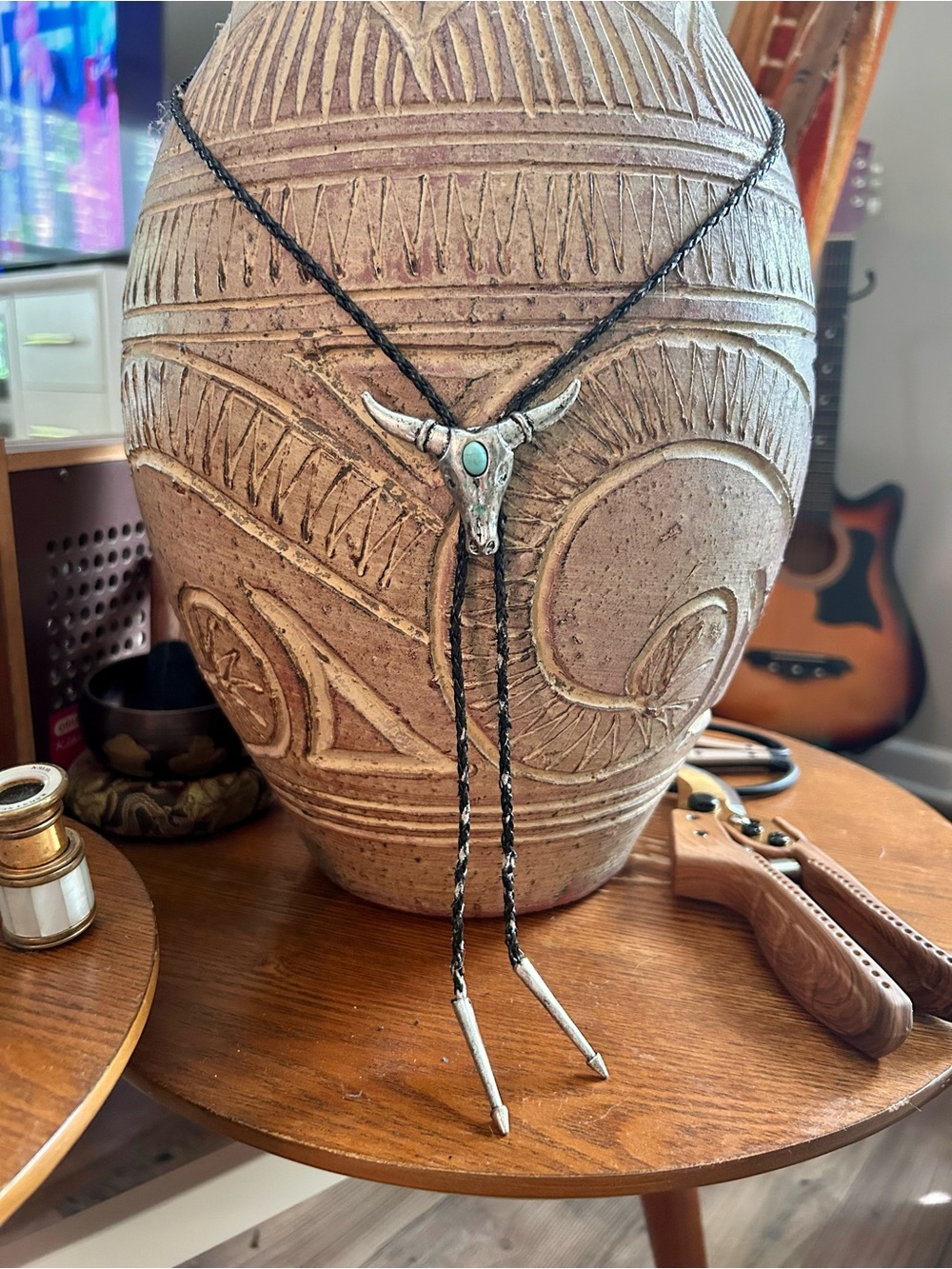 Southwestern Bull Skull Bolo Tie with Turquoise Accent